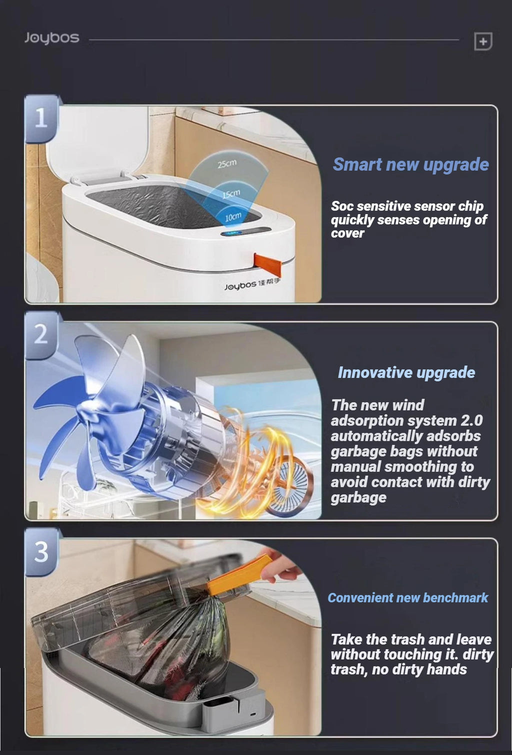 Bathroom Trash Can Hands-Free Automatic Bagging JOYBOS Smart Garbage Bin House With Lid Drawstring Bags Bathroom Toilet Office