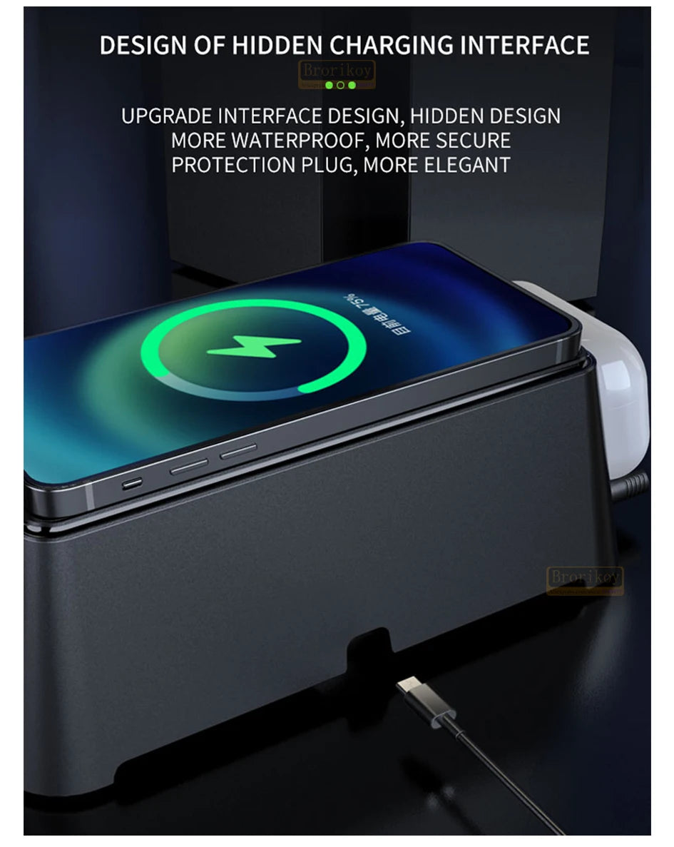 4 in 1 Wireless Charger Dock For iPhone 16 15 14Pro Apple Watch S9 8 7 15W Fast Charging Station Desktop LED Digital Alarm Clock