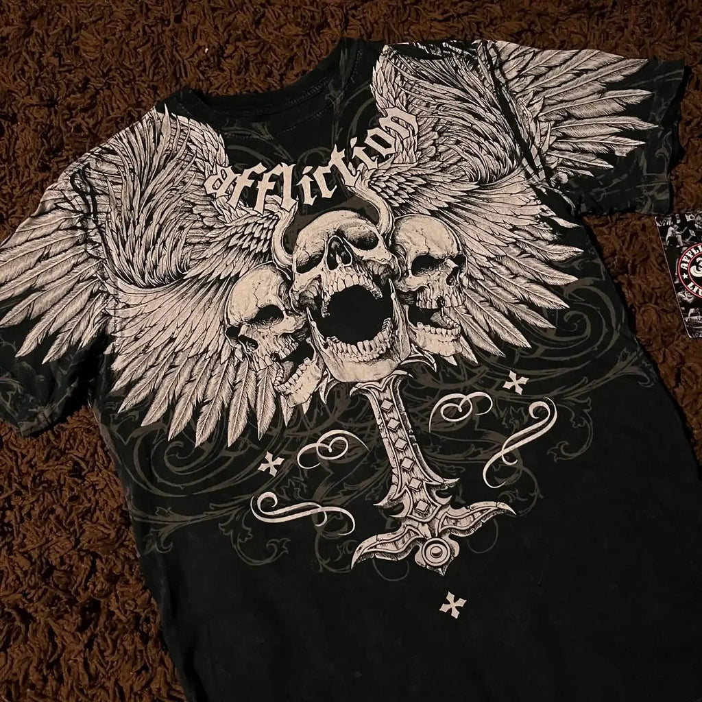 2000s Affliction Graphic T-Shirt Women's Large Grunge Wings New Fashion Style Couple Tops Pure Cotton Street Boxing Shirt