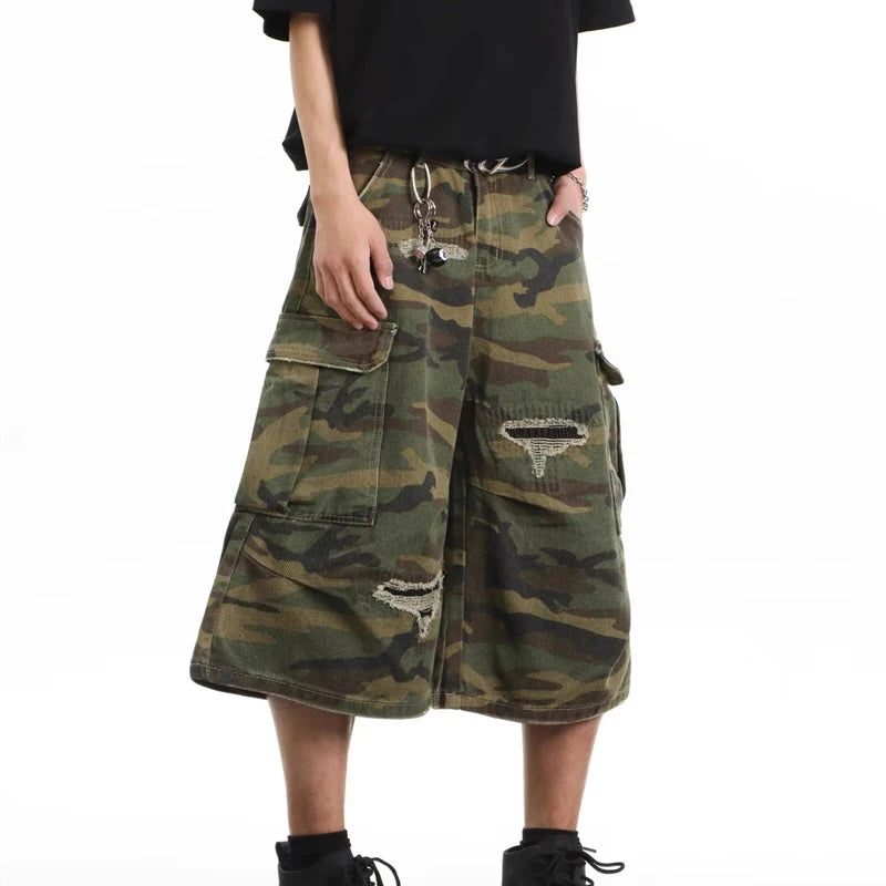 2025 Mens Camo Cargo Denim Shorts Distressed Straight Leg Casual Seven Inch Shorts Y2K Streetwear Vintage Loose Fit Summer Fashi