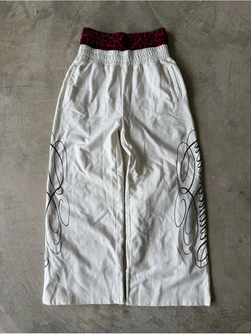 Men's White Wide Leg Casual Trousers Layered Waist Graphic Print Lounge Pants 2026