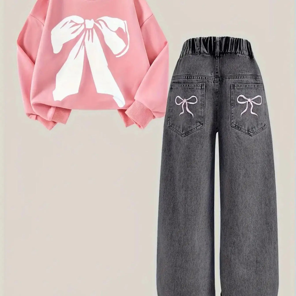 Girls' pink bow-patterned hoodie + black bow-stitched denim straight-leg pants set. Suitable for all seasons.