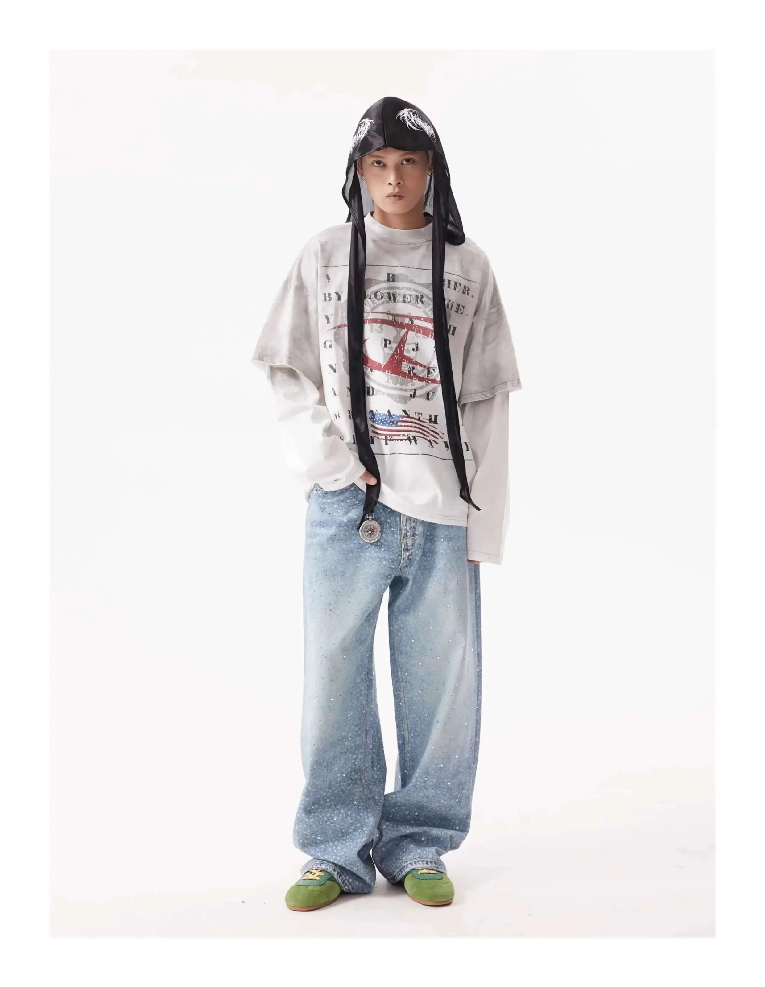 PFNW American Rhinestone Printed Design Vintage Jeans Men's Streetwear Hip Hop Mens Clothing Loose Wide Leg Pants Trendy 28W4644