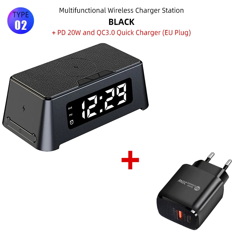 4 in 1 Wireless Charger Dock For iPhone 16 15 14Pro Apple Watch S9 8 7 15W Fast Charging Station Desktop LED Digital Alarm Clock