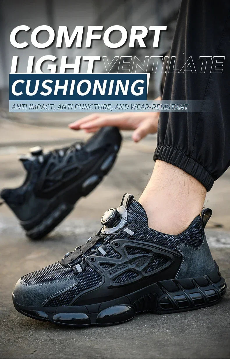 Safety Shoes For Men Steel Toe Anti-Puncture Men's Work Shoes Slip Resistant Reinforced Sole Rotating Button Fashion Sneaker