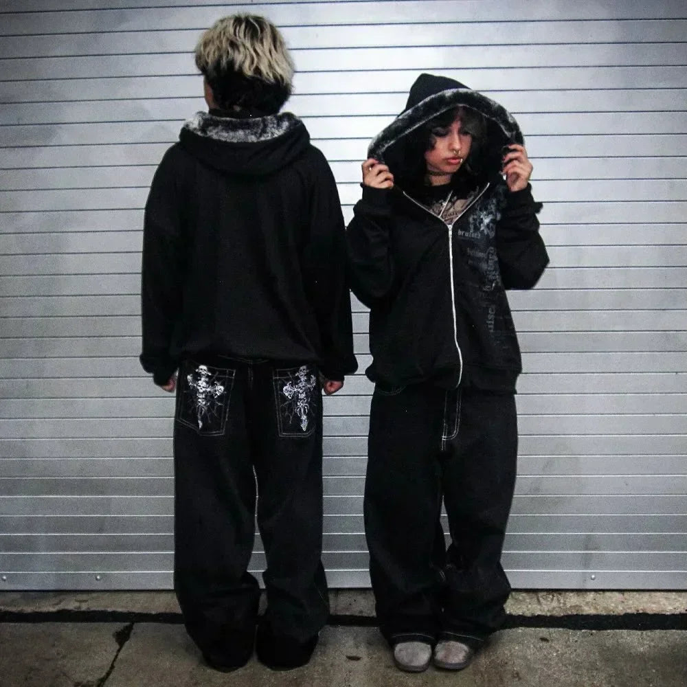 vintage 2000S American Hip-hop Punk Rock Fashion Versatile Jeans Men Harajuku Y2K Casual Gothic Straight Wide-leg Pants Women