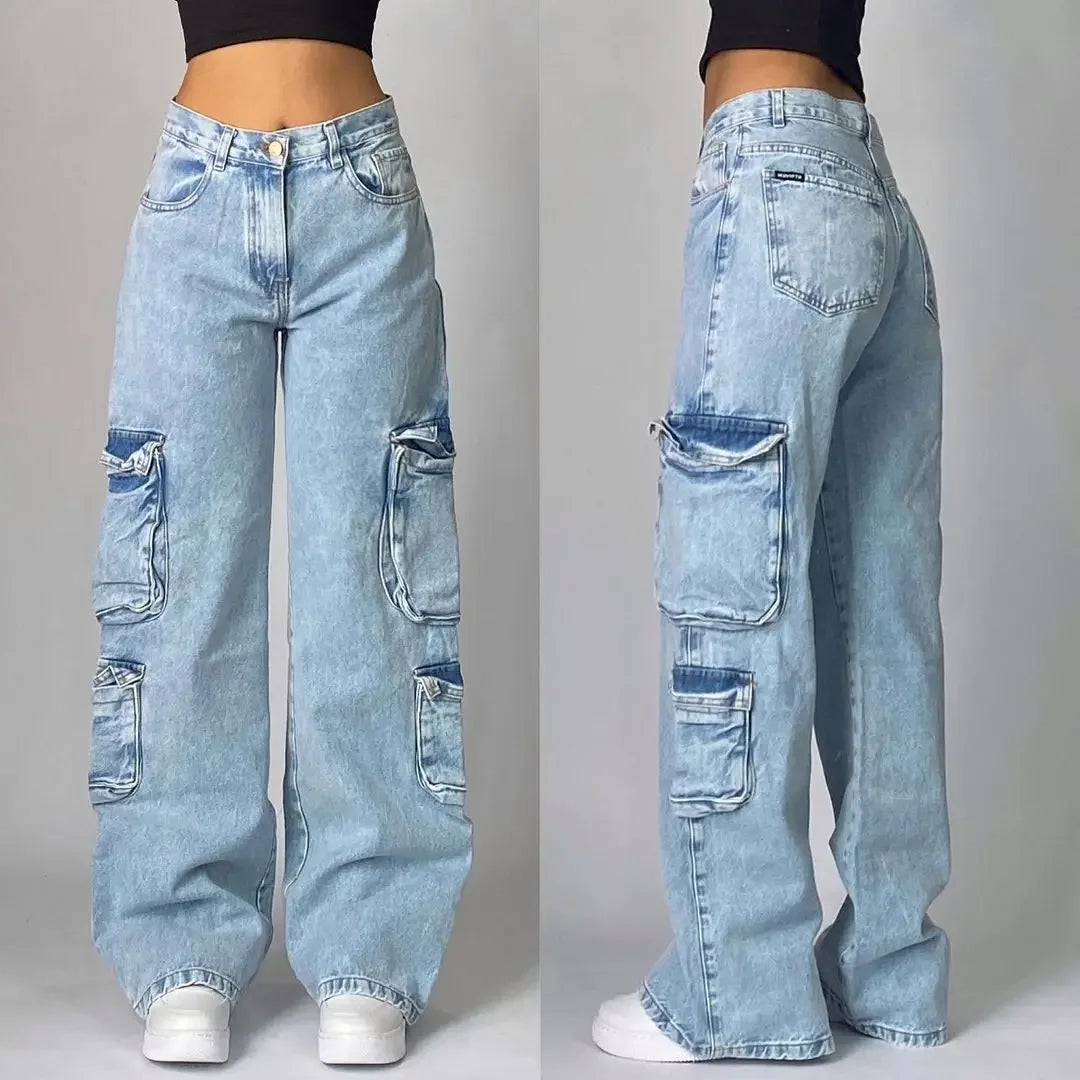 American New Skull Embroidery Casual Baggy Jeans Women Y2K Street Harajuku Vintage Gothic High Waist Joker Wide Leg Pant Trouser