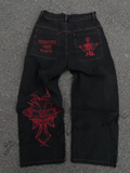 Fashion trend skull pattern embroidered loose jeans men's street Y2K new hip-hop wide leg pants men's unisex jeans
