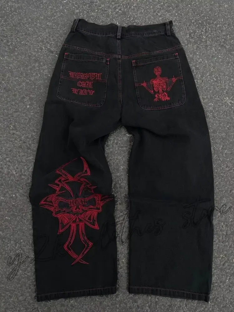 Fashion trend skull pattern embroidered loose jeans men's street Y2K new hip-hop wide leg pants men's unisex jeans