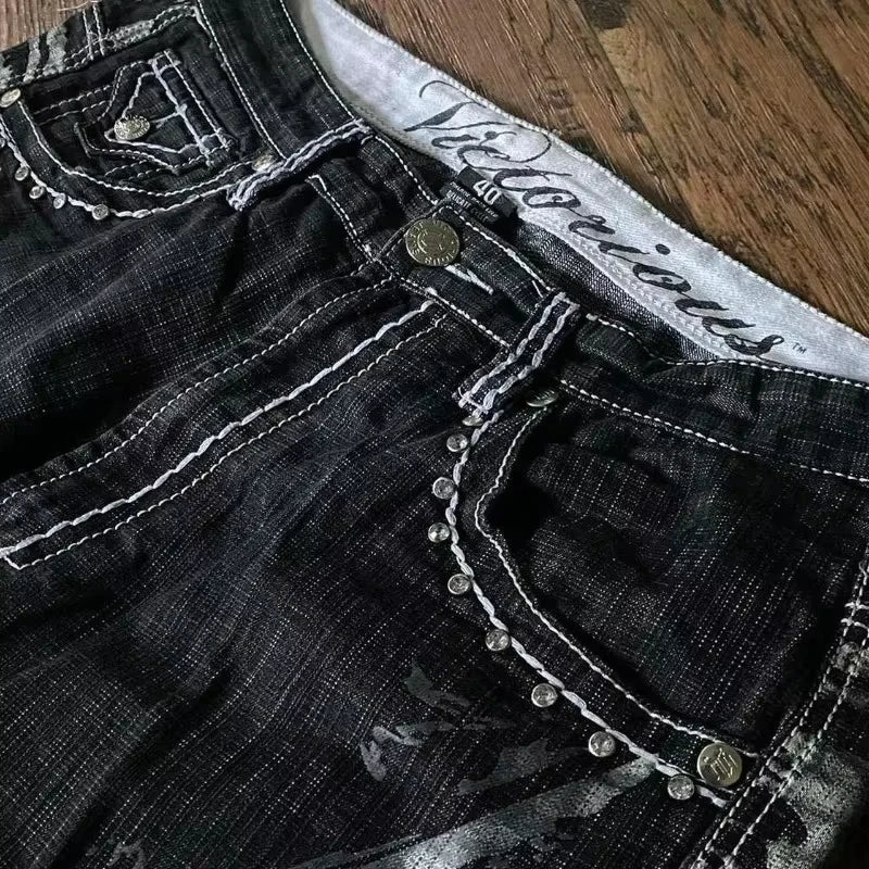 American Vintage Popular New Pattern Embroidery Baggy Denim Shorts Men Street Fashion Gothic Casual Joker Shorts Women Clothing