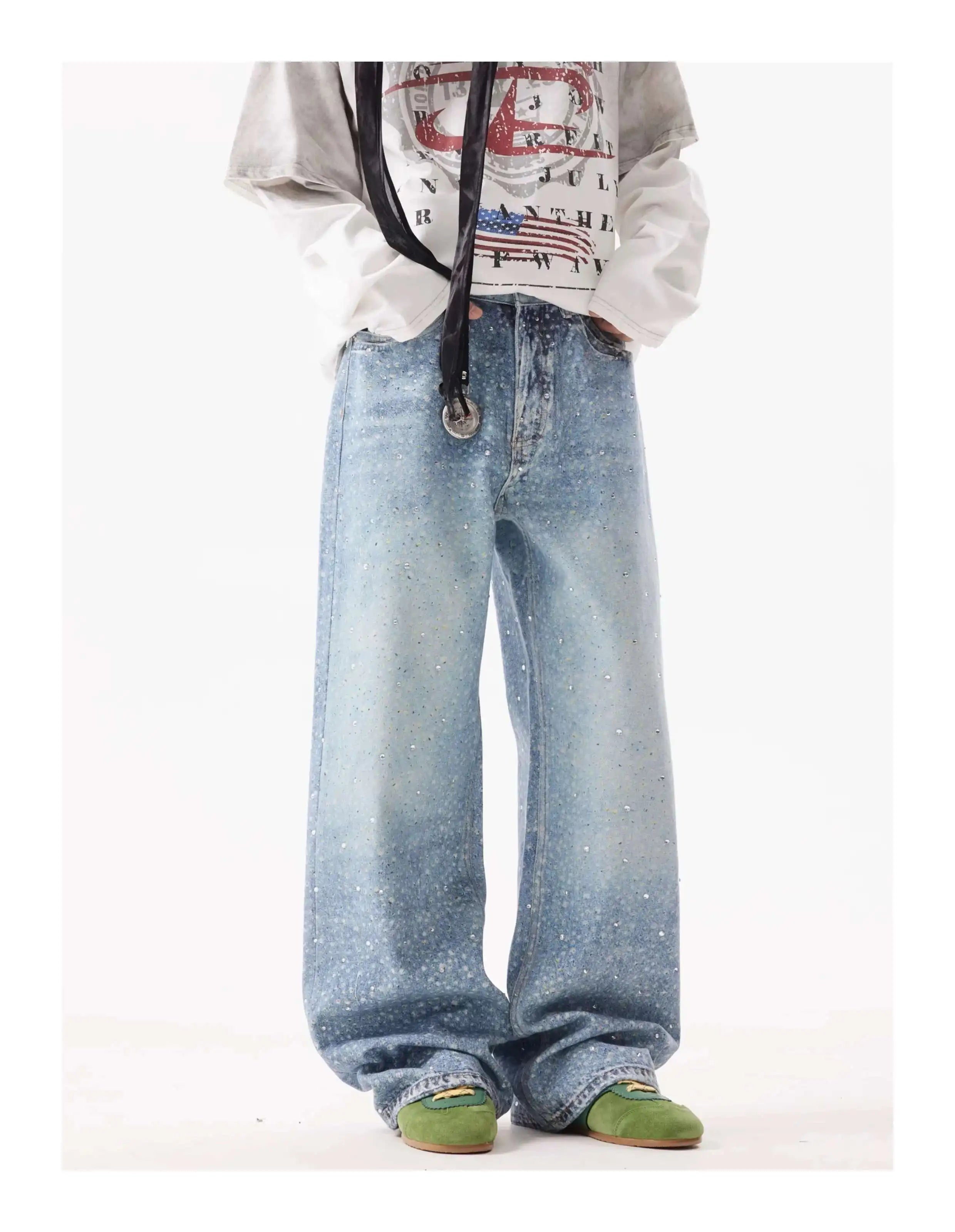 PFNW American Rhinestone Printed Design Vintage Jeans Men's Streetwear Hip Hop Mens Clothing Loose Wide Leg Pants Trendy 28W4644
