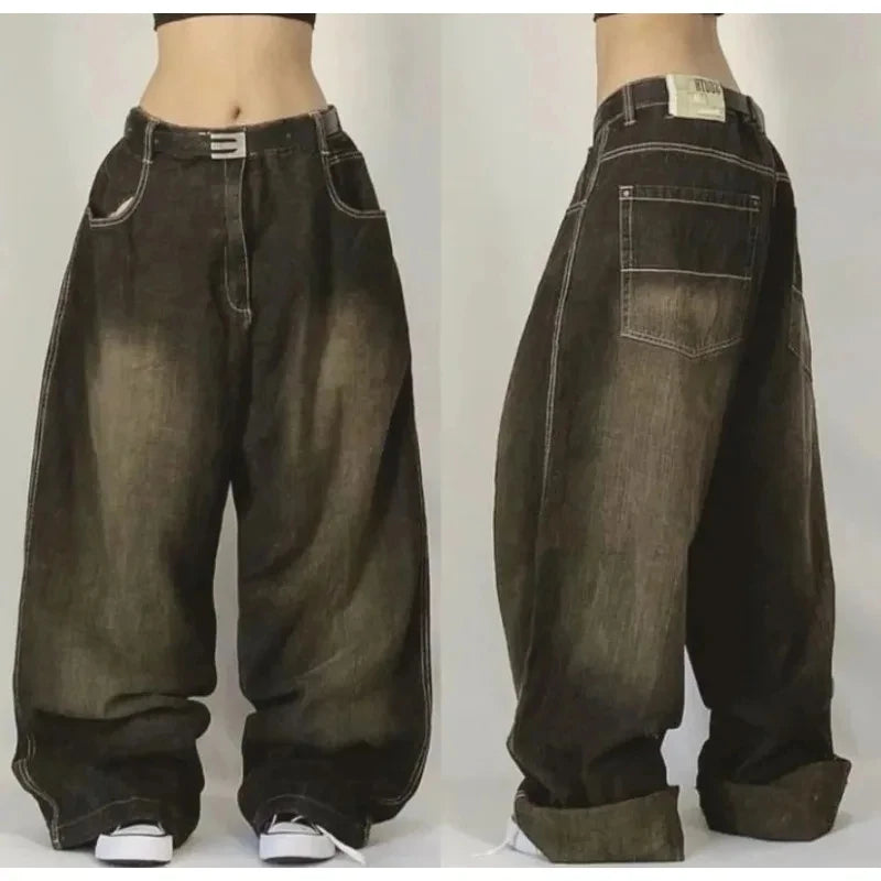 American New Skull Embroidery Casual Baggy Jeans Women Y2K Street Harajuku Vintage Gothic High Waist Joker Wide Leg Pant Trouser