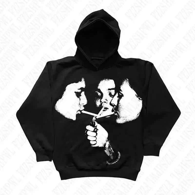 2025 hot trend 2000s men's fashion Harajuku Gothic pattern sports hoodie retro punk hip-hop casual streetwear