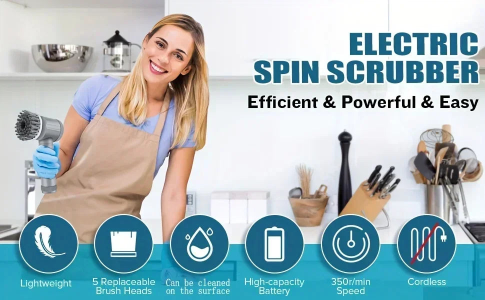 Wireless Electric Spin Brush Cleaner 5-Pack Replaceable Heads Rotating Deep Cleaning Tool for Household Surfaces