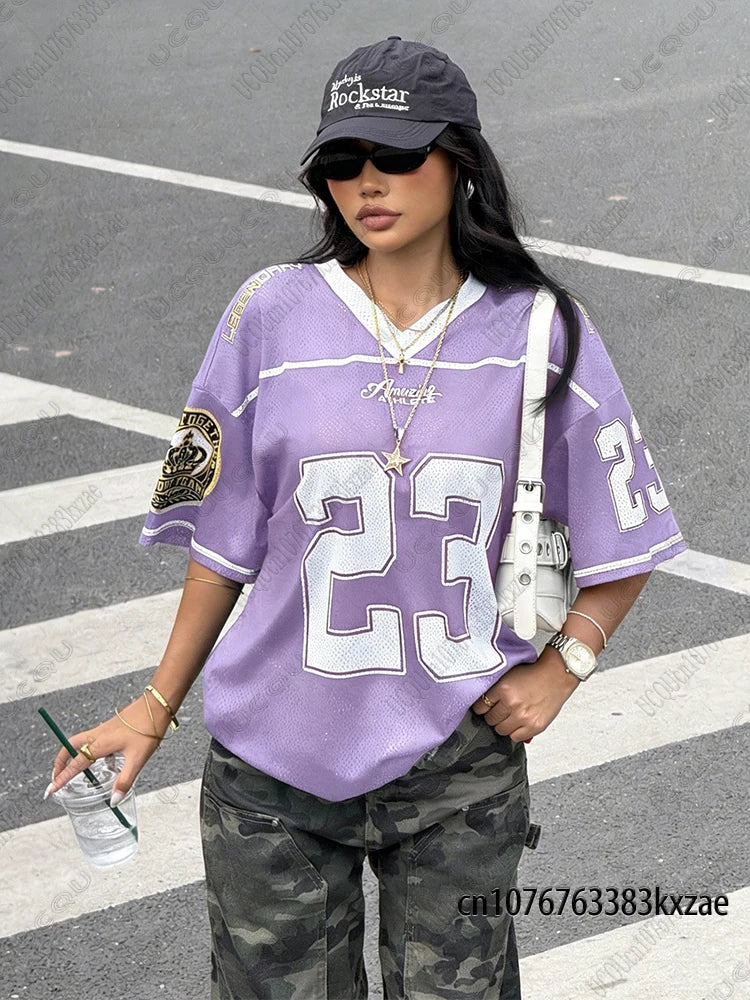 2026 Summer New Retro No.23 Printed T-Shirt For Women V-Neck Short Sleeve Sports Football Jersey Y2K Loose Oversized Tops