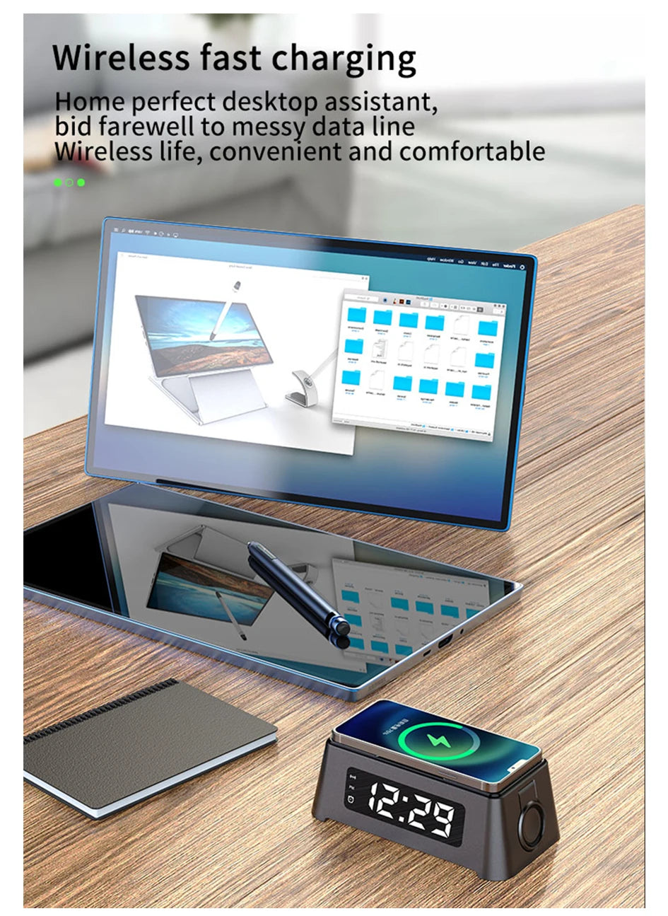 4 in 1 Wireless Charger Dock For iPhone 16 15 14Pro Apple Watch S9 8 7 15W Fast Charging Station Desktop LED Digital Alarm Clock