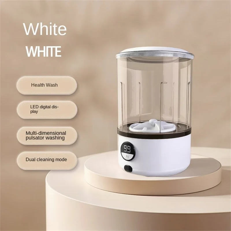 A White 2L Mini Washing Machine, 2000Mah, Fully Automatic Portable Turbine Led Washing Cup and Compact for Children's Clothing, Underwear, Panties, and Socks