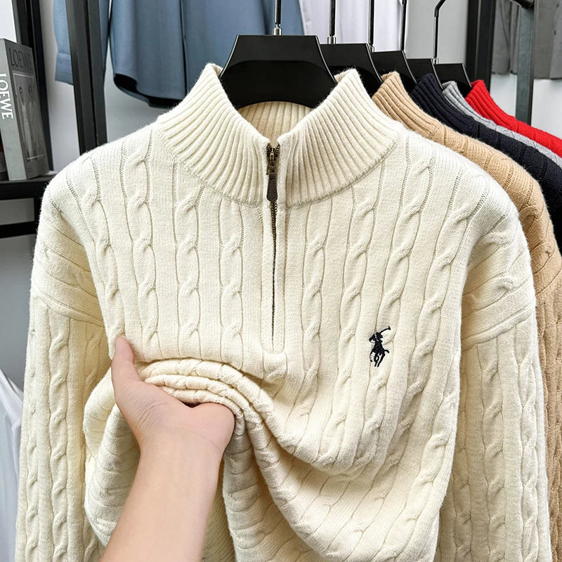 Heshi Brand Fashion American 2025 Vintage Stand Collar Zipper Embroidery Sweater Fried Dough Twists 3D Autumn Winter Knitwear