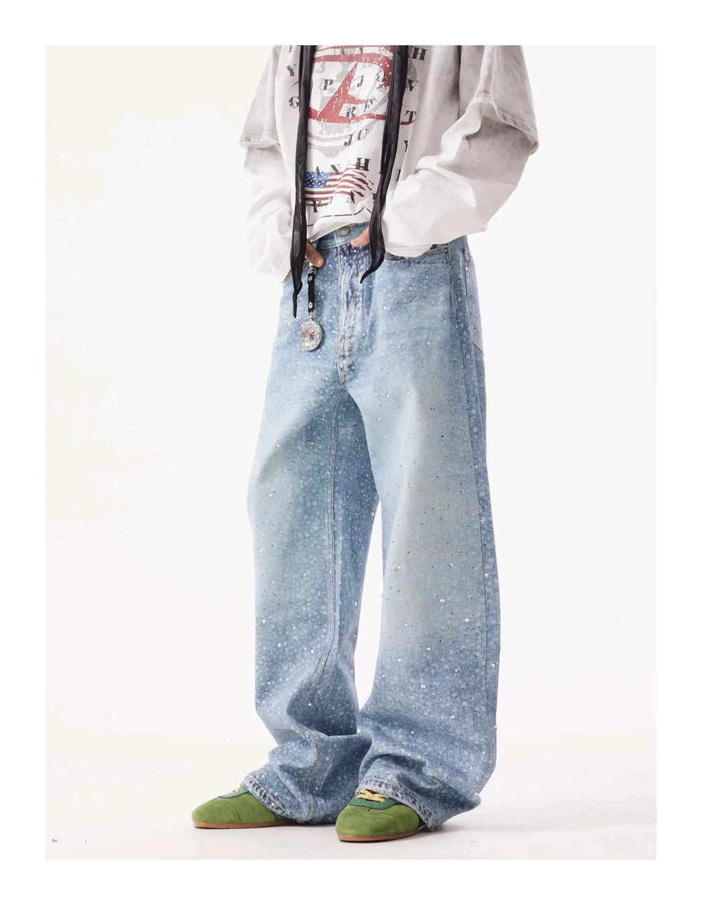 PFNW American Rhinestone Printed Design Vintage Jeans Men's Streetwear Hip Hop Mens Clothing Loose Wide Leg Pants Trendy 28W4644