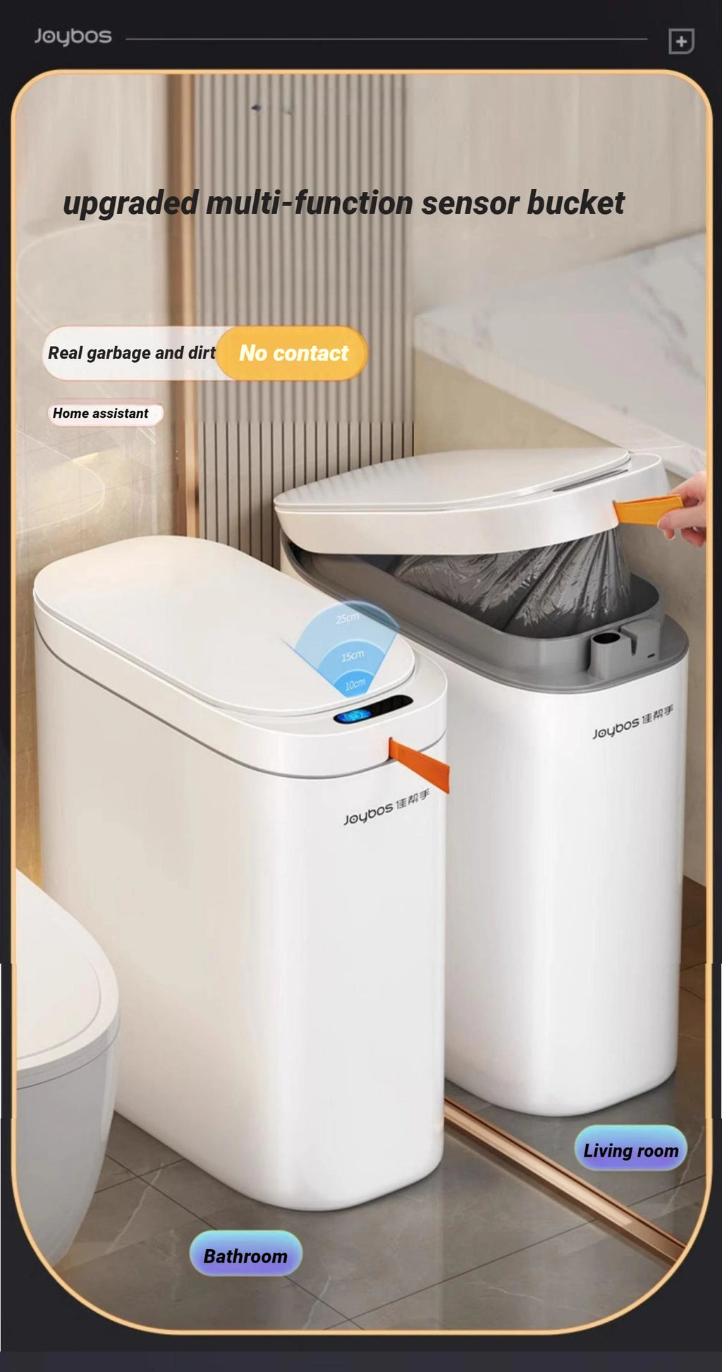 Bathroom Trash Can Hands-Free Automatic Bagging JOYBOS Smart Garbage Bin House With Lid Drawstring Bags Bathroom Toilet Office