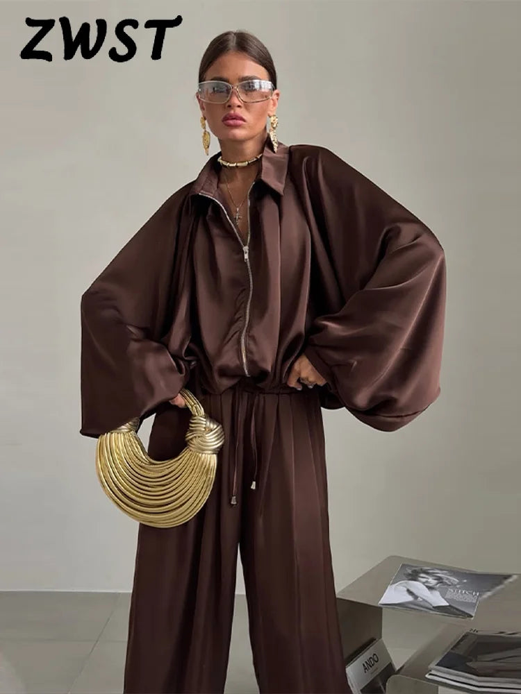 Casual Loose Pleated Shirt Pants Suit Women Solid Full Lantern Sleeve Zipper Shirts Wide Leg Trousers 2026 Fashion Street Set