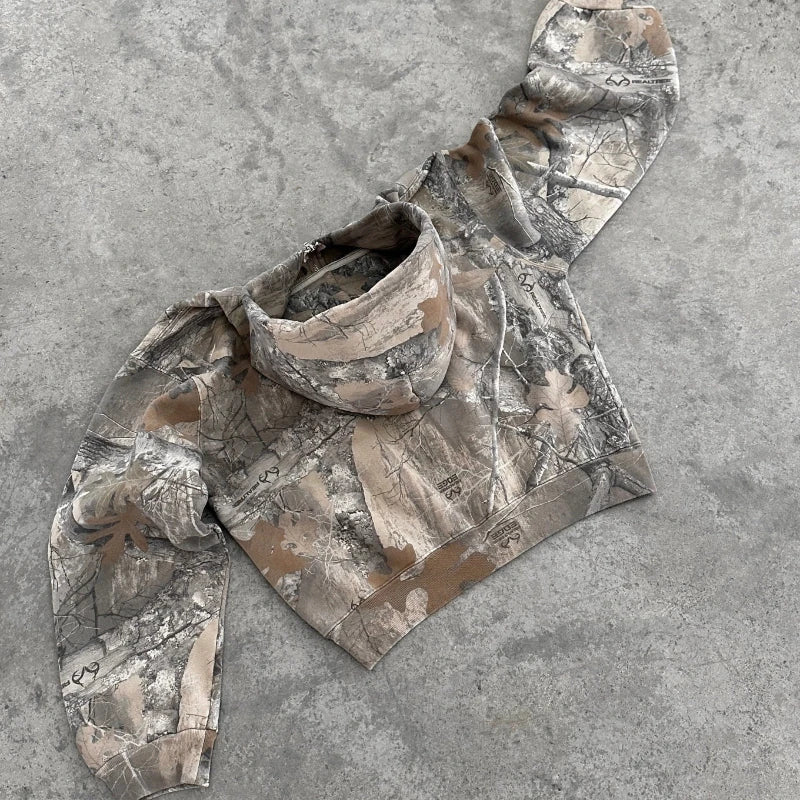 Y2K Retro Zip Up Hoodie Men Camouflage Pattern Zipper Sweatshirt High Street Hip Hop Streetwear Oversized Unisex Camo Hoodie
