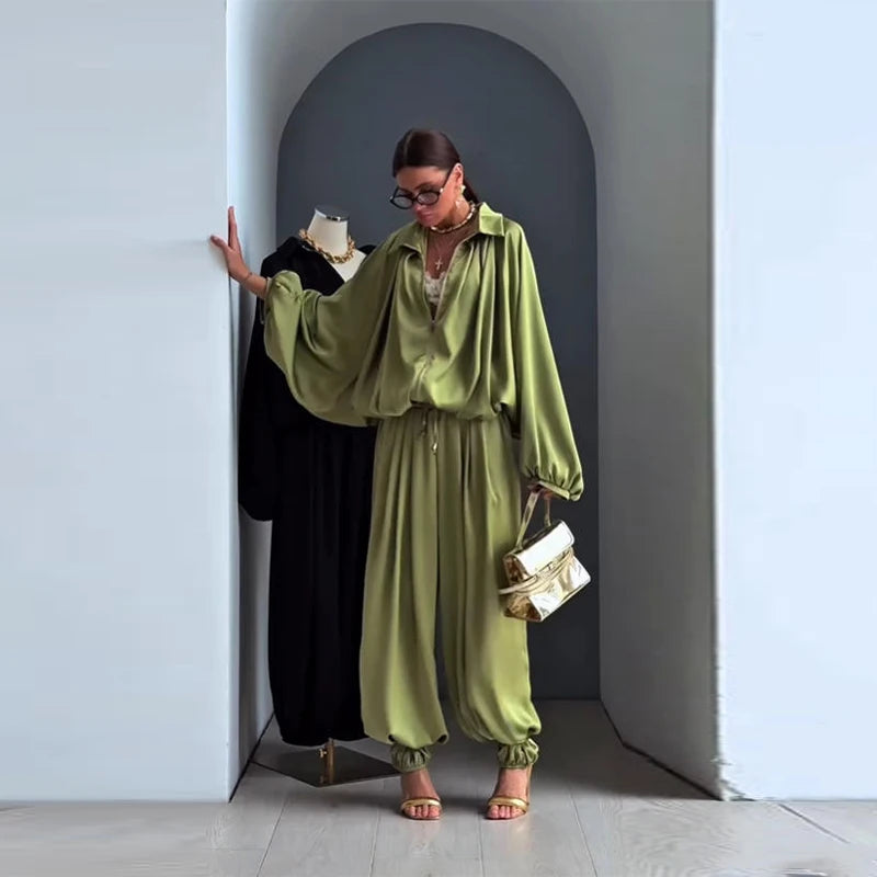 Casual Loose Pleated Shirt Pants Suit Women Solid Full Lantern Sleeve Zipper Shirts Wide Leg Trousers 2026 Fashion Street Set