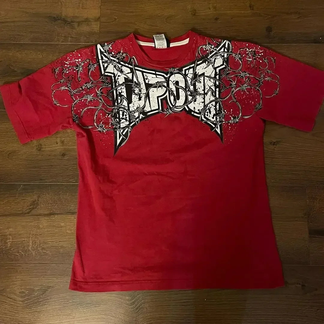 TAPOUT New Y2K Red  Printing  T shirt Men  Hip Hop Round Neck Oversized Long Sleeved Casual Gothic Clothing Tops Streetwear