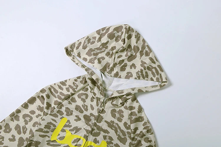 Weird Puss Letter Leopard Print 2 Piece Set Women Casual Zip Hooded Crop Jacke+Leggings Matching Stretch Sporty Street Outfits