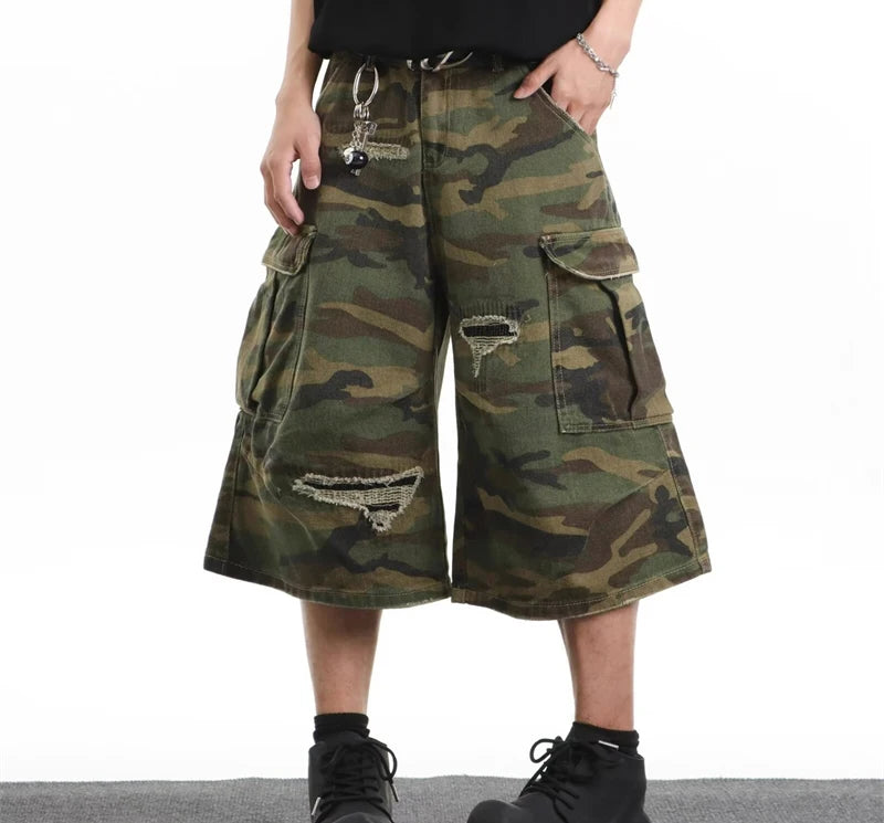 2025 Mens Camo Cargo Denim Shorts Distressed Straight Leg Casual Seven Inch Shorts Y2K Streetwear Vintage Loose Fit Summer Fashi