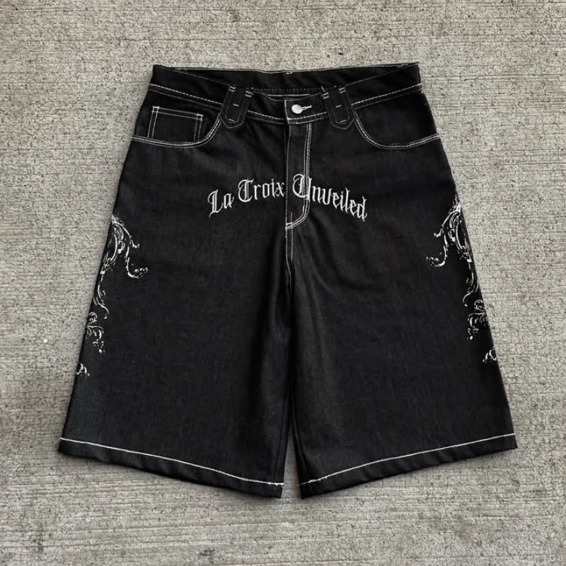 Y2K Vintage Denim Shorts New Popular Pocket Embroidery Pattern Vulturi Jorts Harajuku Trendy Gothic Punk Men Women Baggy Pants