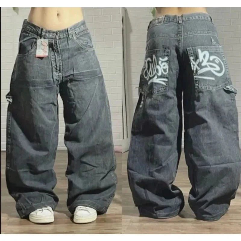 American New Skull Embroidery Casual Baggy Jeans Women Y2K Street Harajuku Vintage Gothic High Waist Joker Wide Leg Pant Trouser
