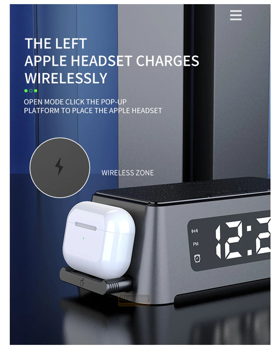 4 in 1 Wireless Charger Dock For iPhone 16 15 14Pro Apple Watch S9 8 7 15W Fast Charging Station Desktop LED Digital Alarm Clock