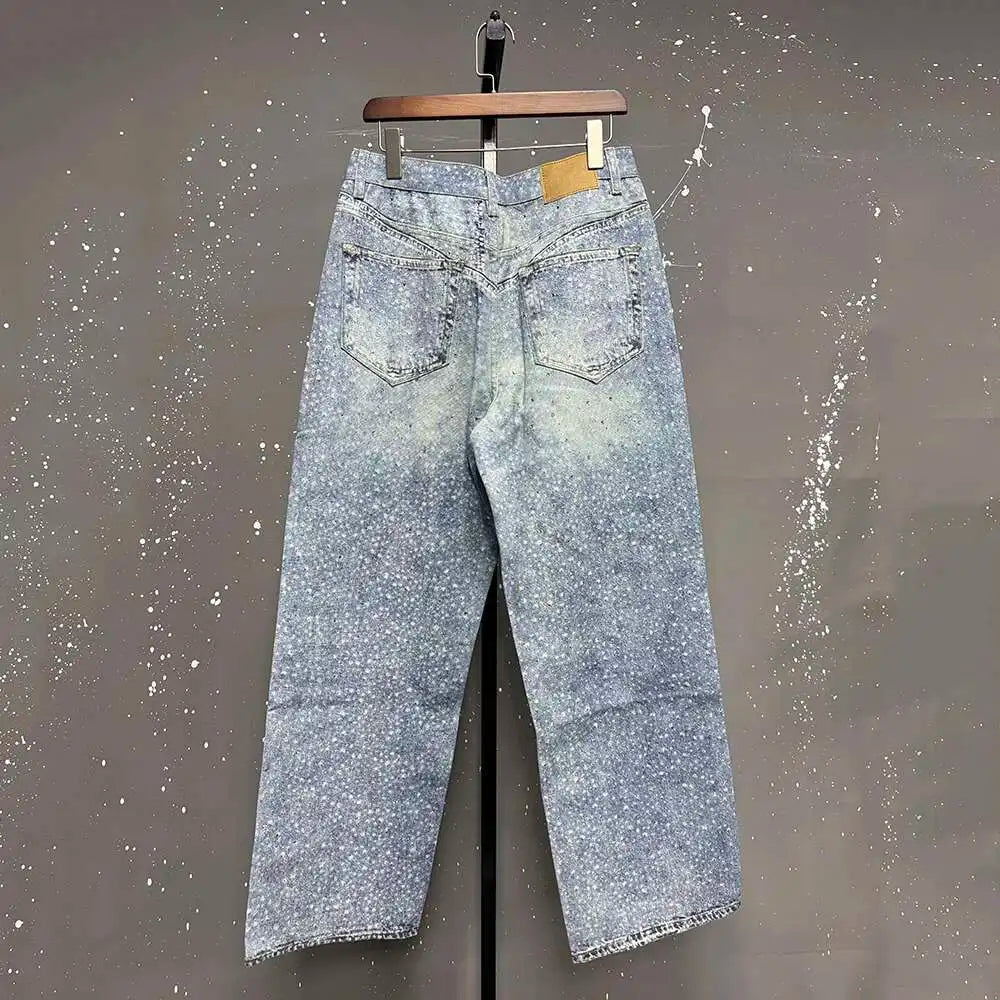 PFNW American Rhinestone Printed Design Vintage Jeans Men's Streetwear Hip Hop Mens Clothing Loose Wide Leg Pants Trendy 28W4644