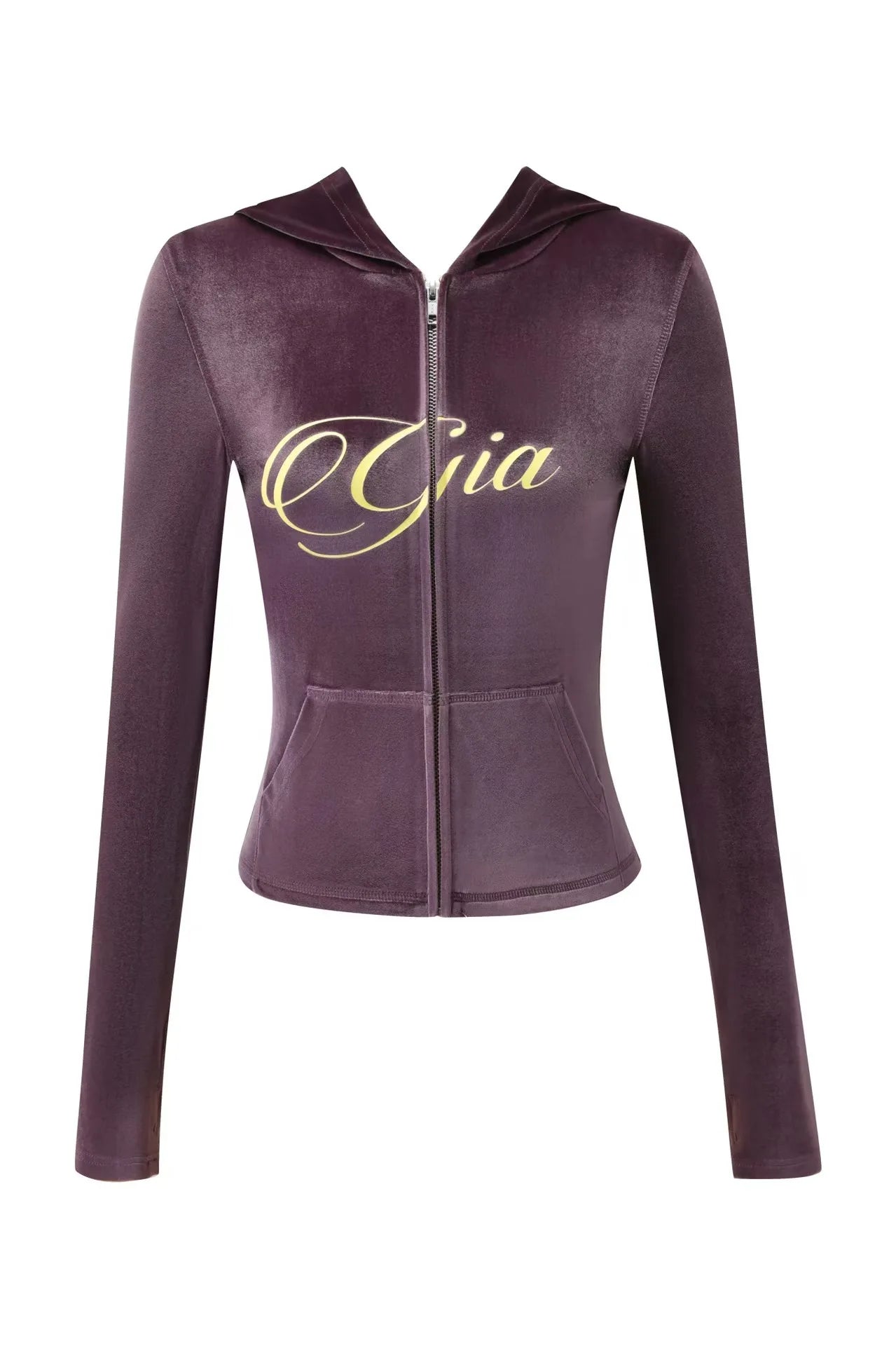 GIA New Stylish Coffee-Colored Velvet Zip-Up Hooded Jacket & Relaxed Slim-Fit Pants Comfortable Minimalist Set