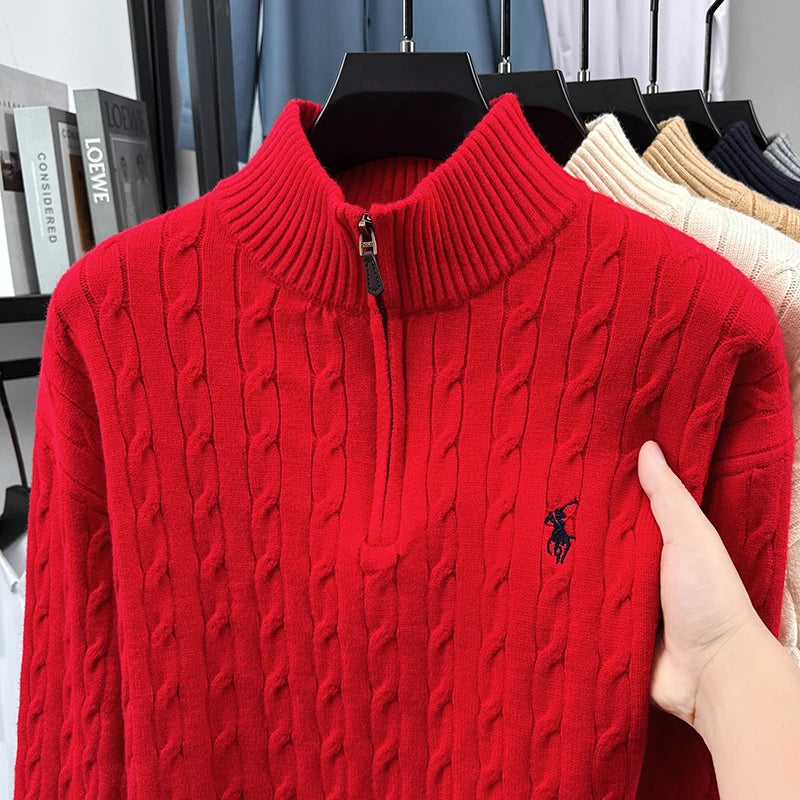 Heshi Brand Fashion American 2025 Vintage Stand Collar Zipper Embroidery Sweater Fried Dough Twists 3D Autumn Winter Knitwear