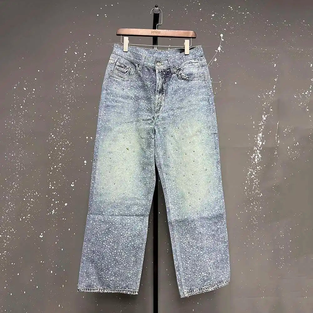 PFNW American Rhinestone Printed Design Vintage Jeans Men's Streetwear Hip Hop Mens Clothing Loose Wide Leg Pants Trendy 28W4644
