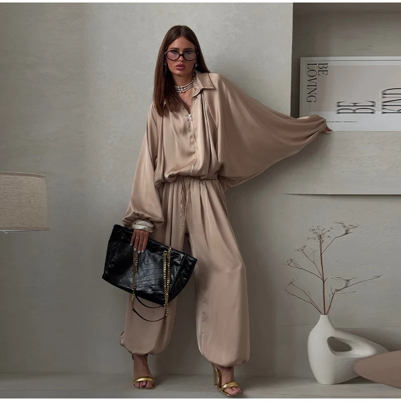 Casual Loose Pleated Shirt Pants Suit Women Solid Full Lantern Sleeve Zipper Shirts Wide Leg Trousers 2026 Fashion Street Set
