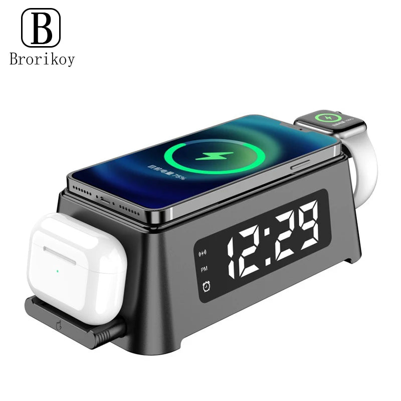 4 in 1 Wireless Charger Dock For iPhone 16 15 14Pro Apple Watch S9 8 7 15W Fast Charging Station Desktop LED Digital Alarm Clock