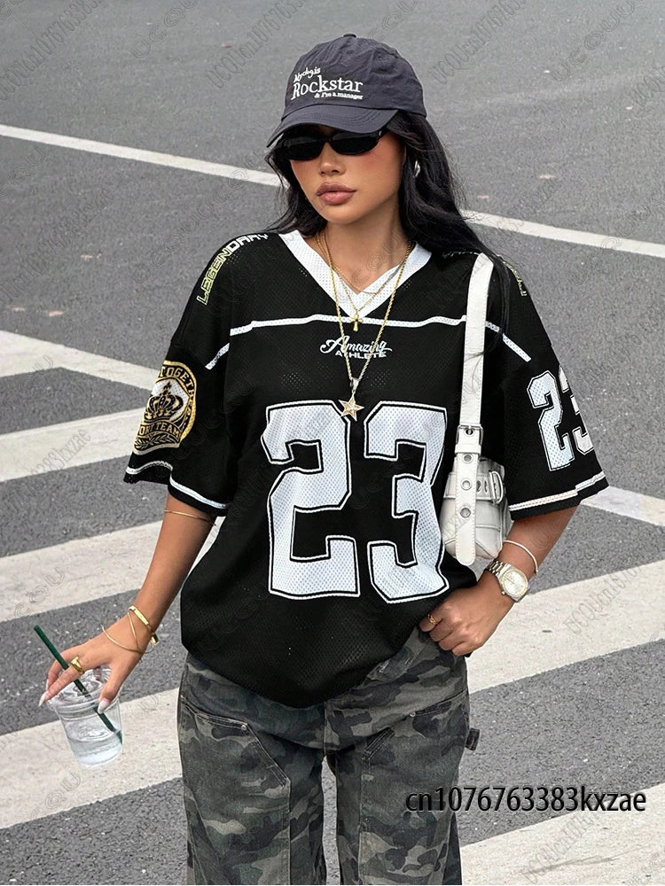 2026 Summer New Retro No.23 Printed T-Shirt For Women V-Neck Short Sleeve Sports Football Jersey Y2K Loose Oversized Tops
