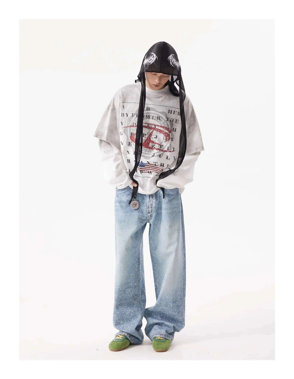 PFNW American Rhinestone Printed Design Vintage Jeans Men's Streetwear Hip Hop Mens Clothing Loose Wide Leg Pants Trendy 28W4644