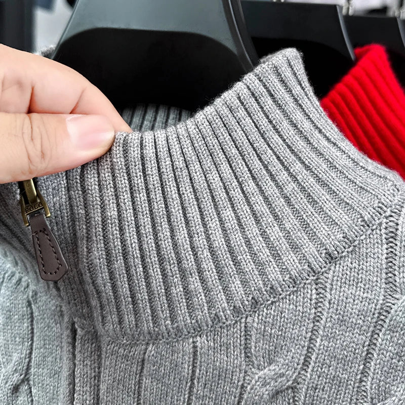 Heshi Brand Fashion American 2025 Vintage Stand Collar Zipper Embroidery Sweater Fried Dough Twists 3D Autumn Winter Knitwear