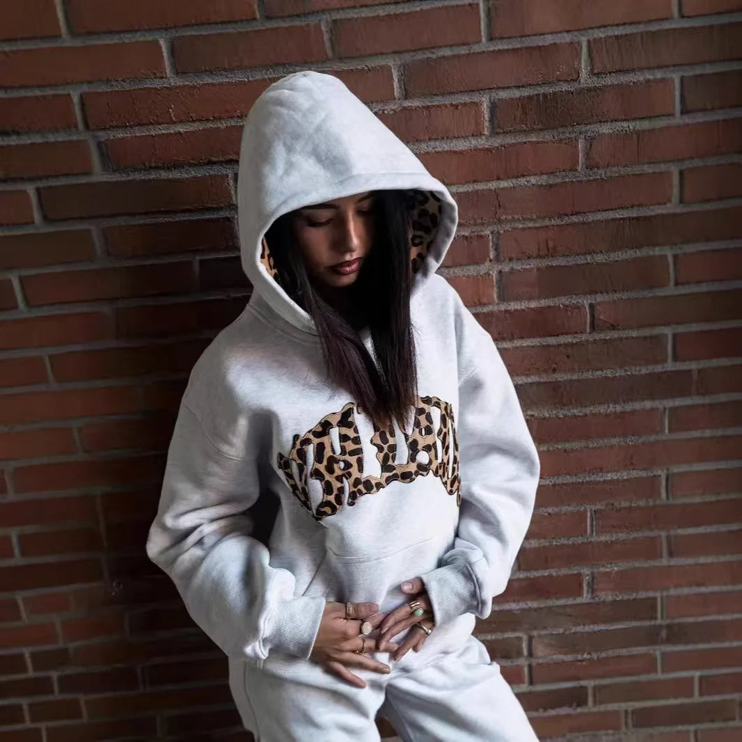 High street fashion leopard print letter embroidered men sportswear suit Y2K American casual retro hoodie trend loose clothing