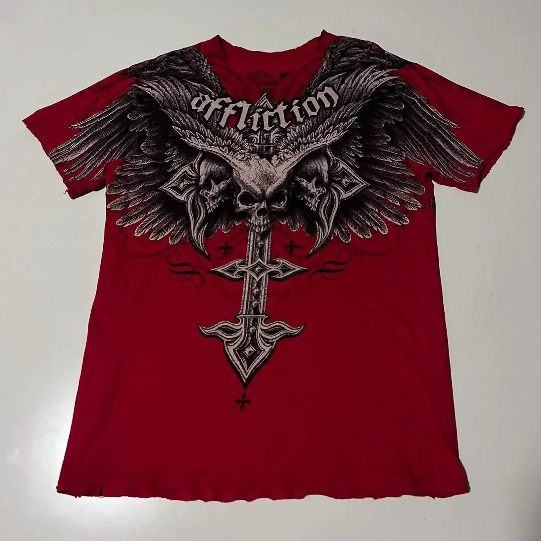 2000s Affliction Graphic T-Shirt Women's Large Grunge Wings New Fashion Style Couple Tops Pure Cotton Street Boxing Shirt
