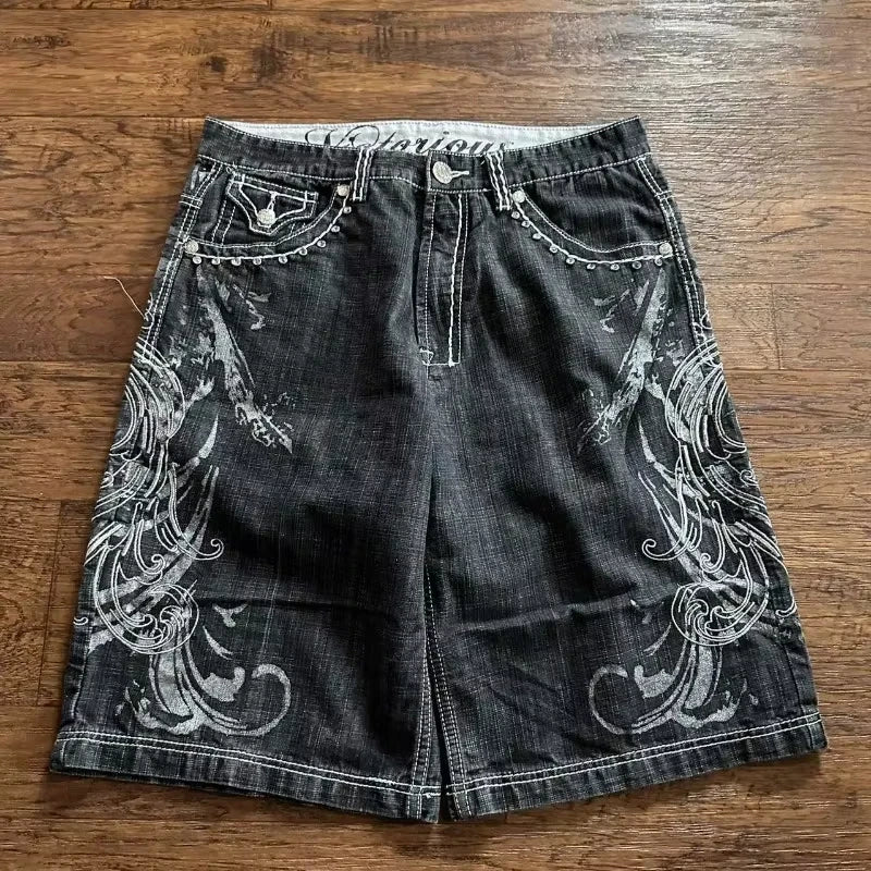 American Vintage Popular New Pattern Embroidery Baggy Denim Shorts Men Street Fashion Gothic Casual Joker Shorts Women Clothing
