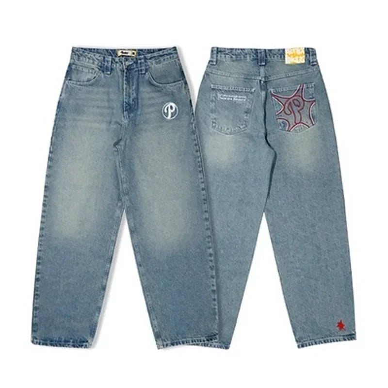 vintage 2000S American Hip-hop Punk Rock Fashion Versatile Jeans Men Harajuku Y2K Casual Gothic Straight Wide-leg Pants Women