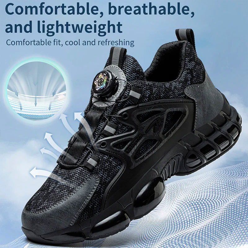 Safety Shoes For Men Steel Toe Anti-Puncture Men's Work Shoes Slip Resistant Reinforced Sole Rotating Button Fashion Sneaker