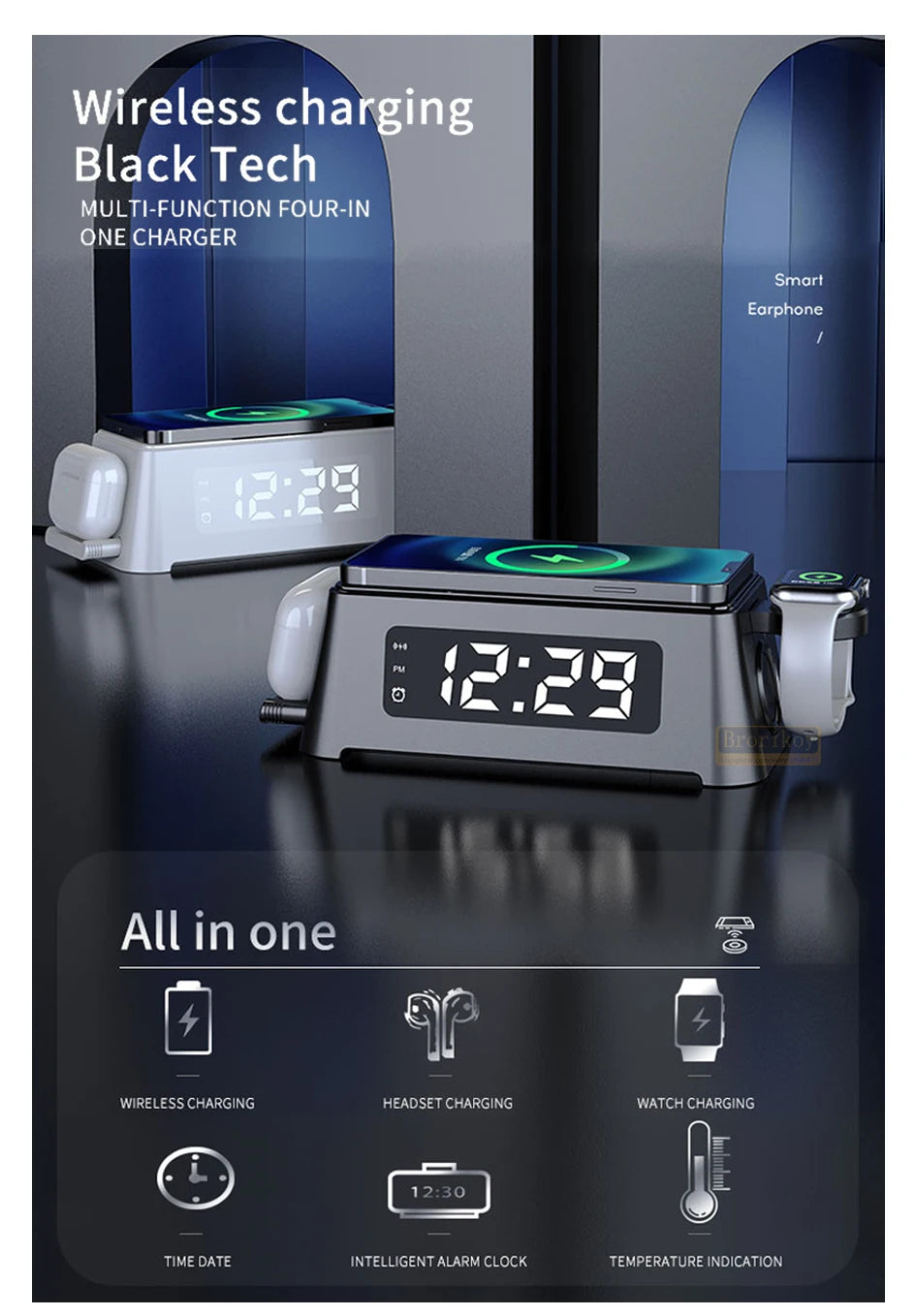 4 in 1 Wireless Charger Dock For iPhone 16 15 14Pro Apple Watch S9 8 7 15W Fast Charging Station Desktop LED Digital Alarm Clock