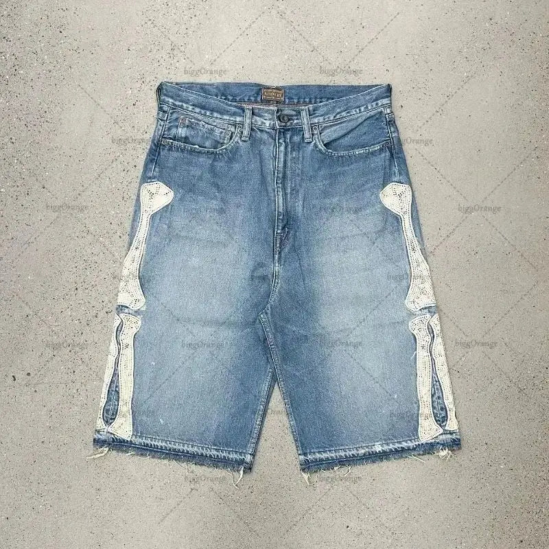 Korean Reviews Many Men's Clothes Denim Shorts Hip-hop Street Splicing Embroidery Retro Casual Pants Letters 1 /2 Jeans for Man