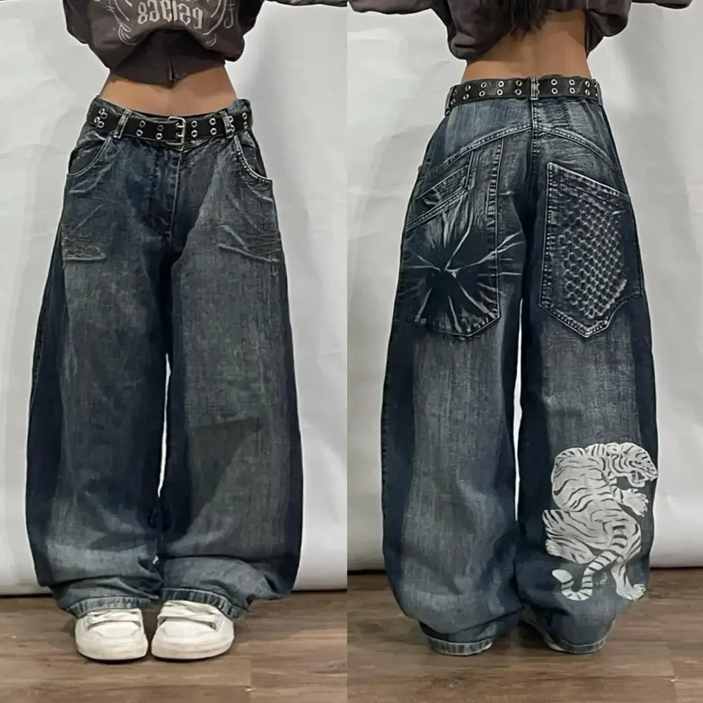 American New Skull Embroidery Casual Baggy Jeans Women Y2K Street Harajuku Vintage Gothic High Waist Joker Wide Leg Pant Trouser
